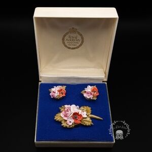Vintage Royal Adderley England Floral Fine Bone China Brooch and Earrings Set